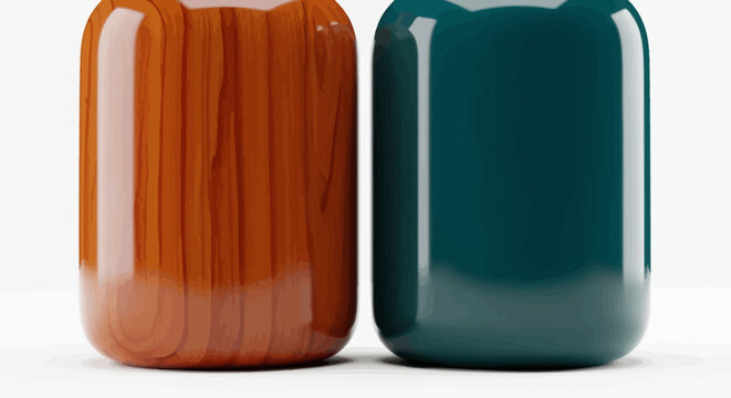 Vibrant duo of minimalist jars, showcasing a rich wooden texture and a smooth teal surface, ideal for product design concepts