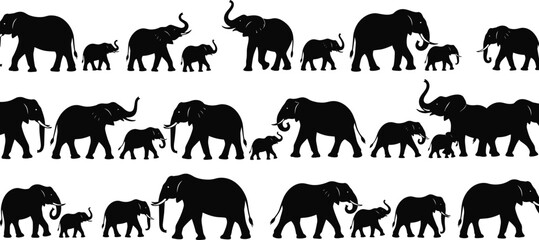 Black silhouette set of elephant family groups, walking adults and baby calves, African safari animal collection for wild nature designs. © Joyanti