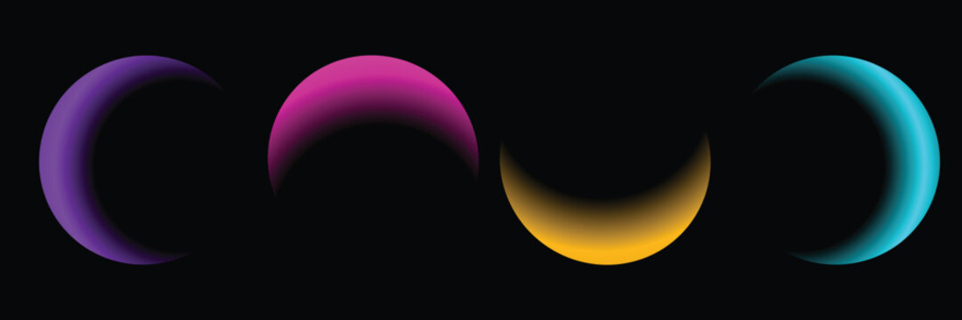 Abstract neon crescent shapes on black background. Colorful glowing gradient arcs. Futuristic glassmorphism circles. Modern minimal 3D light design for wallpaper, UI, and digital background