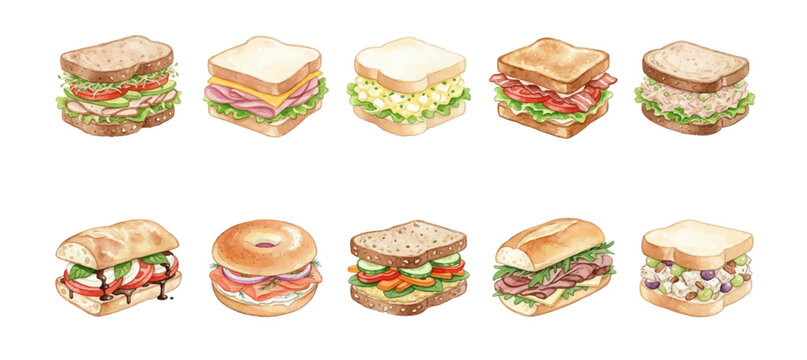 Watercolor Sandwich Clipart Set &mdash; 10 Deli & Cafe Sandwiches PNG SVG Vector Illustration