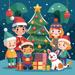 Fototapeta premium Christmas, kids, festive, family, holiday, vector, illustration, children, dog, gifts, tree