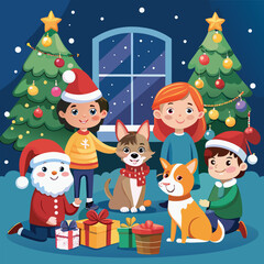 Fototapeta premium Christmas, kids, dog, festive, holiday, vector, illustration, children, pets, winter