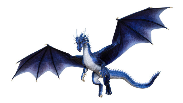 Majestic blue mythical creature dragon with impressive wings and a powerful flight pose