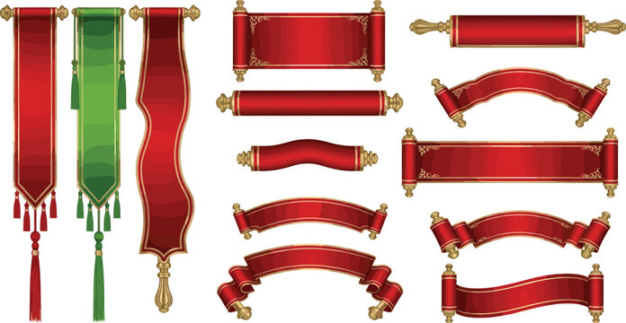 Set of decorative red and green ribbon banners with gold ornaments and scroll shapes in elegant vintage vector illustration style