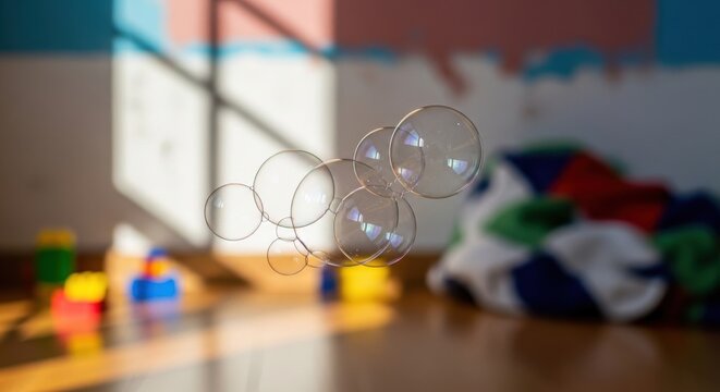 Glistening soap bubbles suspended in air catching sunlight, a moment of ephemeral beauty