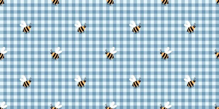 Cute cartoon bumble bee seamless pattern on light blue gingham check background for fabric print and scrapbooking.