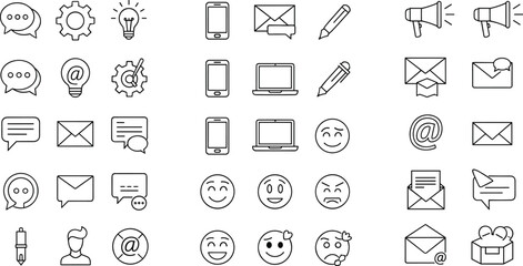 Fototapeta premium Set of communication and social media line icons including messages, email, devices, emojis, and marketing symbols in minimal vector style