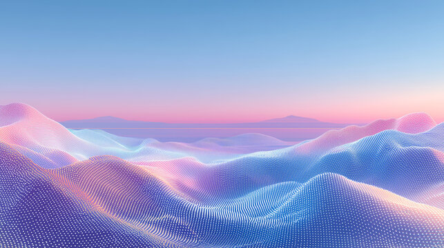 Abstract digital landscape with flowing dotted waves in pink and blue tones, futuristic data visualization background with smooth gradients. Generative AI