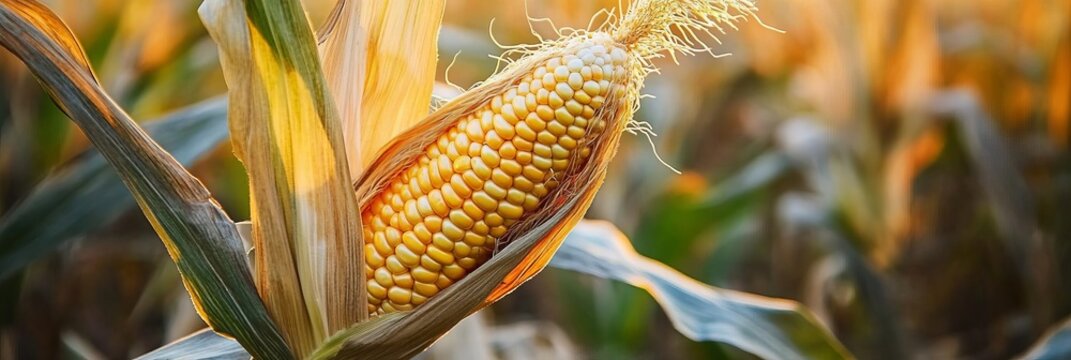 Golden Sunset Over a Ripe Cornfield with Maize Growing, Cobs Glowing, and Vibrant Colors Present