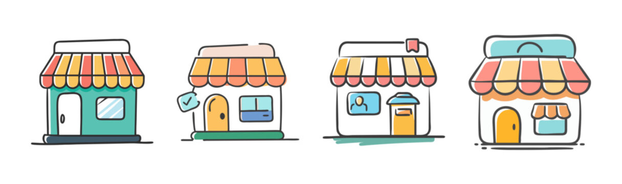 Set of four hand-drawn icons representing small retail store fronts and shops.