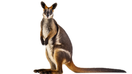 Alert yellow-footed rock-wallaby standing on hind legs, a captivating Australian wildlife portrait. © Sindre
