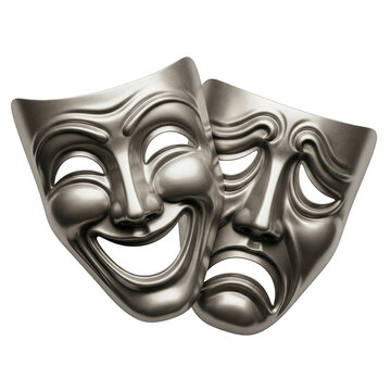 Two silver comedy and tragedy masks isolated on transparent background, representing drama and theater