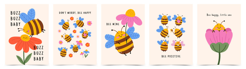 Cute bee nursery poster or greeting card set with positive quotes. Hand drawn vector illustration  with smiling honey bees and flowers for kids room decor, baby shower, wall art prints and stickers