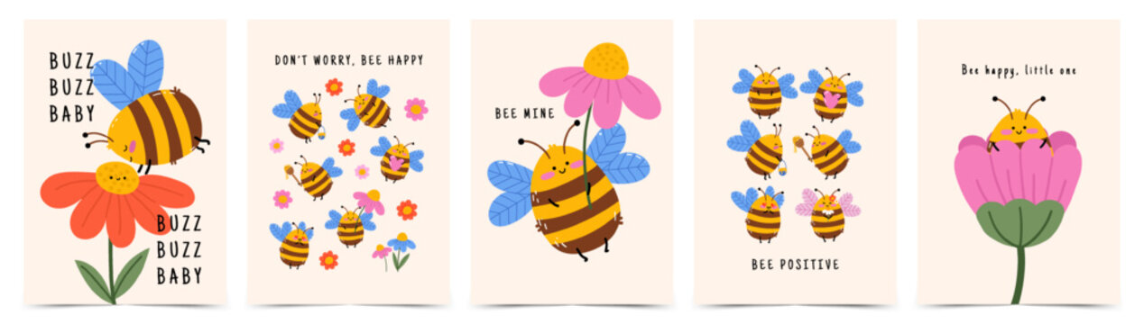 Cute bee nursery poster or greeting card set with positive quotes. Hand drawn vector illustration  with smiling honey bees and flowers for kids room decor, baby shower, wall art prints and stickers