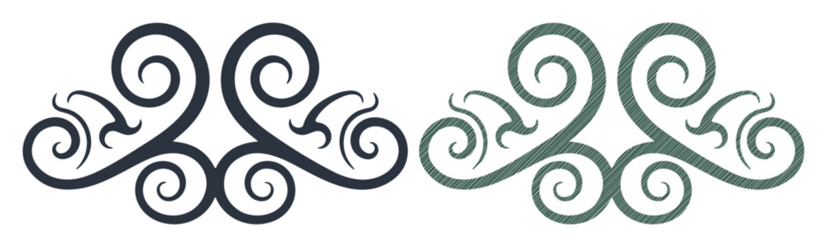 Elegant decorative flourish with swirling lines in dark blue and green