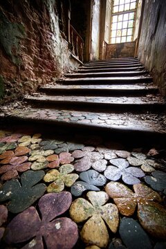 A surreal staircase in an old Irish manor, each step outlined in clover-shaped carvings leading up to a rainbow-lit window.