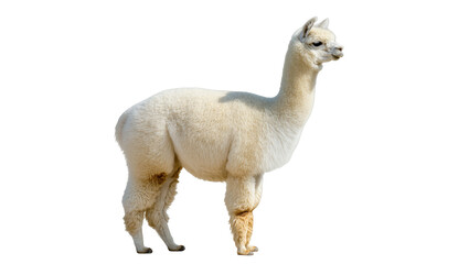 Obraz premium Adorable fluffy white alpaca standing peacefully in a side view, looking gentle and calm