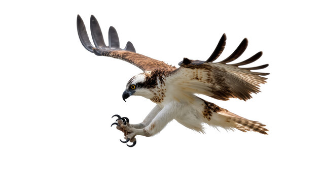 Powerful osprey soaring through the air, wings spread wide and sharp talons poised