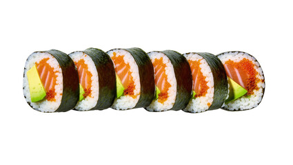 Row of fresh salmon and avocado maki sushi rolls with roe, healthy Japanese food © Sindre