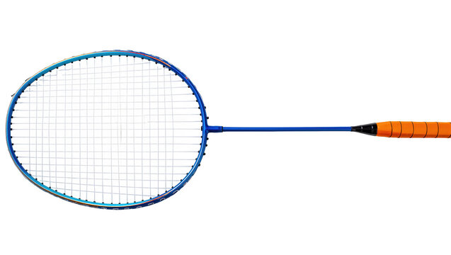 Professional blue and orange badminton racket with white strings for sports game and exercise