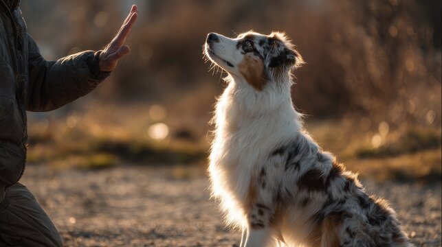 Dog learns to follow commands during training session in outdoor space in the morning sunshine