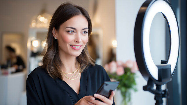 Professional beauty consultant preparing a demonstration area with a ring light and mirror for a live makeup tutorial inside a cosmetics boutique