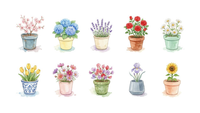 Watercolor Flower Pot Clipart Set &mdash; 10 Potted Garden Flowers PNG SVG Vector Illustration