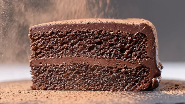 Close Up of a Delicious Chocolate Cake Slice Being Dusted With Cocoa Powder