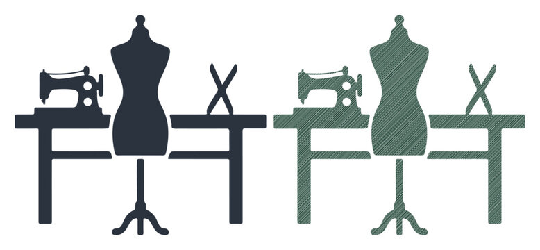 Sewing studio setup with mannequins, sewing machines and scissors