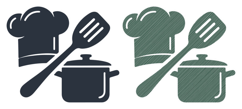 Culinary tools including chef hat, pot, and spatula for cooking