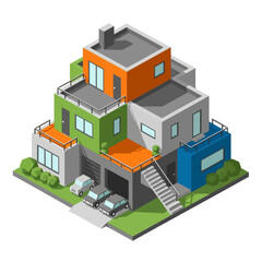 Fototapeta premium An isometric illustration of a modern, multi-story building with colorful sections and a garage, set against a white background.