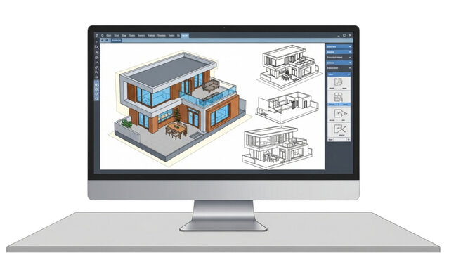 Architect designs modern house blueprints on computer screen with software
