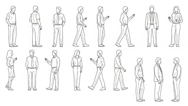 Various business people walk and stand with devices in office settings.