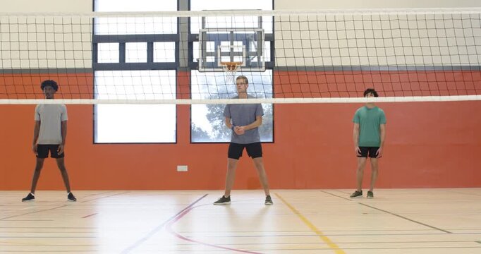 Male teammates watching man in grey T-shirt lunging to scoop rolling volleyball toward net on gym