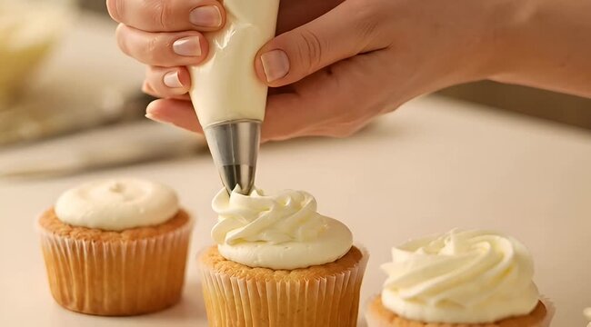 A baker decorating a batch of delicious cupcakes with creamy white frosting