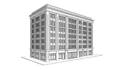 An illustration of a large building with many windows stands on a flat surface. © Stock Image Paradise