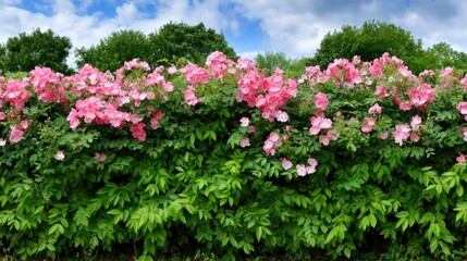Fototapeta premium Bush filled with pink roses reaches for the bright blue sky while showcasing lush petals and green leaves in a vibrant display