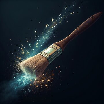 Artist's paintbrush creating magical sparkling light trails in dark space, concept of artistic creation and imagination, magic dust