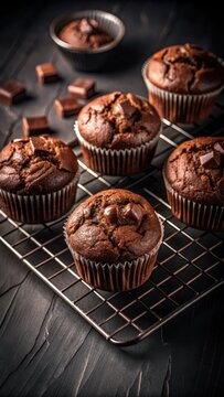 A realistic photo of Chocolade muffins on cooling rack decorated on black backgroundTop view