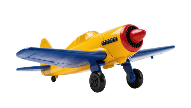 Bright yellow and blue plastic toy airplane with red propeller detail for kids play