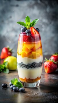 A photo of a vibrant fruit and bubble tea parfait dessert in glass, featuring layered slices of strawberries, blueberries, kiwi, and mango with a frot