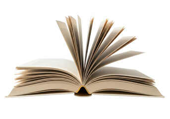 Fototapeta premium An open book with pages fanned out on a transparent background, displaying its yellowed paper and binding