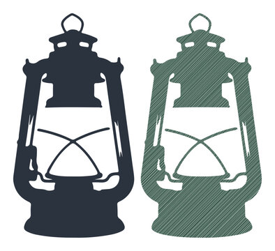 Vintage oil lantern silhouette in dark blue and green tones