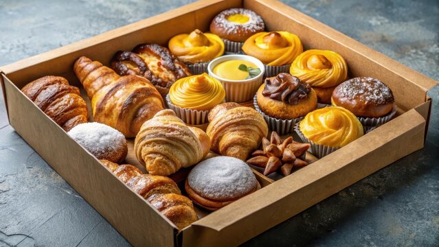 A photo of a prepackaged breakfast box with a variety of pastries inside, featuring a selection of croissants, muffins, and Danish pastries arranged n