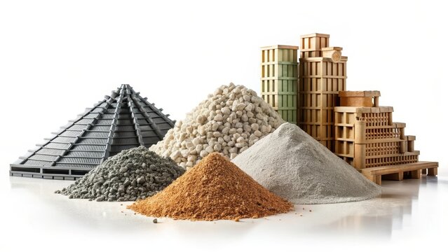 A photo of four piles of different construction materials on a white background The materials include gravel, sand, bricks, and rebar The scene is e