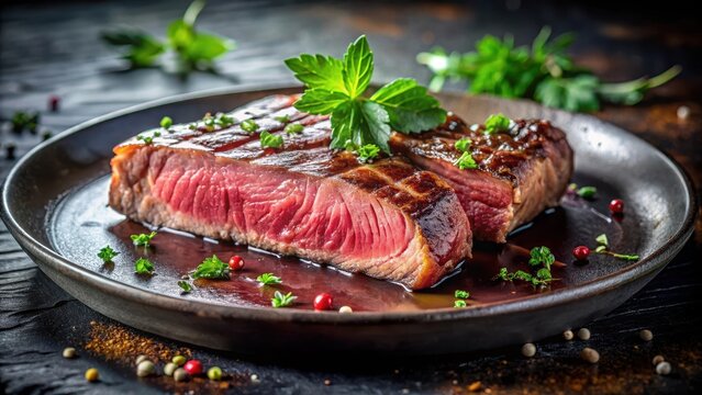 A photo of a perfectly cooked sliced striploin steak with a juicy red center on a matte black plate, garnished with fresh parsley and a drizzle of oli