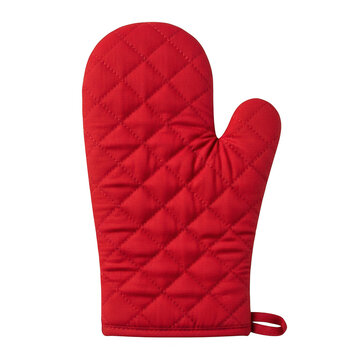 Red quilted oven mitt with thumb and loop isolated on transparent background for kitchen use and cooking protection