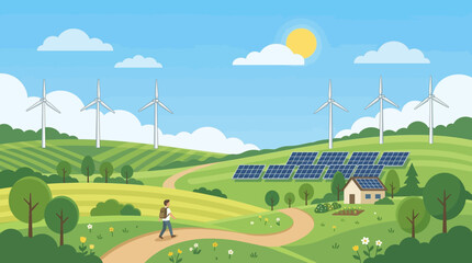 Naklejka premium Wind Turbine and Solar Energy Landscape Vector