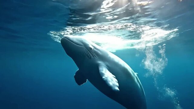 Majestic white beluga whale swimming through deep blue ocean water with beautiful sunlight rays and bubbles surfacing in a serene underwater scene.