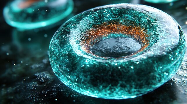Close-up of a transparent, iridescent ring-shaped structure with internal particle details